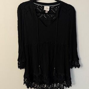 Knox Rose Black Boho High/Low Hem Top Size S lace edges V-neck & ties 3/4 sleeve